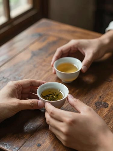 Intimate close-up of two pairs of hands around small ceramic cups of Vietnamese tea on a worn wooden table, warm window light from the left casting soft shadows, a few tea leaves settled at the bottom of one cup visible, no faces, quiet domestic atmosphere
