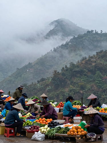Wide environmental shot of a misty mountain market in northern Vietnam at early morning, vendors arranging colourful produce on low tables under soft overcast light, empty space in the upper half of the frame filled with cool grey mist rolling over forested ridges, no faces turned toward the camera