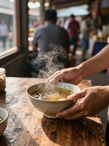 Close environmental shot, portrait orientation — a weathered wooden table at a Chiang Mai morning market, hands placing a small ceramic bowl of broth, steam catching window light from the left, blurred figures moving in the background, warm amber tones