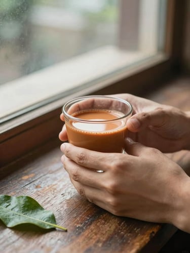 Intimate close-up, portrait orientation — a pair of hands holding a small glass cup of Thai tea, natural overcast daylight from a low window, a worn wooden surface beneath, a single green leaf resting at the edge of the frame, no faces visible