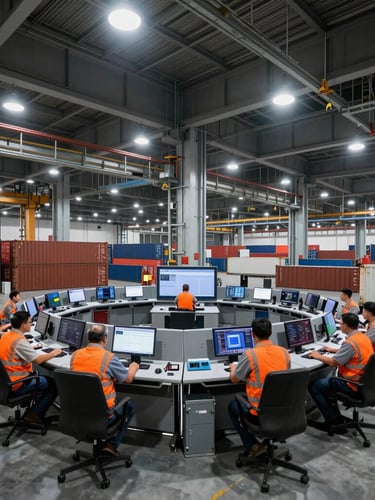 Logistics operations managers in a modern control room overlooking a Karachi container terminal, high-contrast industrial lighting.