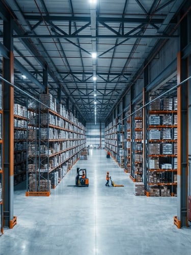Industrial editorial photography of a massive, clean warehouse interior in Karachi. High-contrast warehouse lighting with cool steel-blue ambient tones and warm safety-orange accents on structural pillars. Straight-on architectural perspective of high-density organized pallet racks, conveying absolute security and scale.