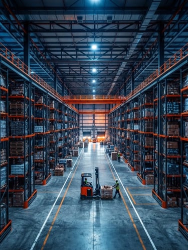 A high-contrast wide-angle perspective of a massive, clean warehouse interior in Karachi, featuring towering steel pallet racks under industrial blue and safety-orange lights.