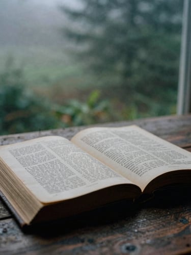 A close-up of worn scriptures open on a rustic wooden table, soft morning fog filtering through a distant window, moody atmospheric photography, desaturated forest greens, 35mm film grain