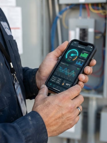 Close-up of a professional electrician holding a smartphone showing a clean diagnostic dashboard interface, bright daylight, 35mm