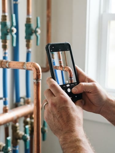 Close-up of hands holding a smartphone scanning a copper pipe joint, bright natural daylight, crisp focus, 35mm