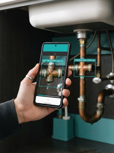 Close-up of a hand holding a smartphone scanning a leaky copper pipe under a kitchen sink, browser interface overlay showing real-time AI bounding boxes, sharp editorial photography, bright natural daylight, clean teal accents, 35mm