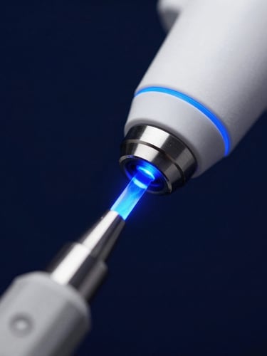 Macro close-up of a precision laser dental tool emitting a cool blue light guide inside a clinical environment, high-contrast dark navy background