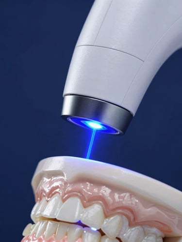 Macro close-up of a high-tech dental 3D scanner head emitting an electric blue laser grid over a clean clinical model, high-contrast navy background, clinical-tech aesthetic