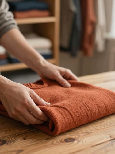 Warm natural overcast light, hands carefully folding a clean terracotta-colored knit sweater on a rustic wooden table, soft focus background of organized clothing shelves