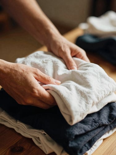 Portrait-oriented warm editorial photograph of hands carefully folding clean, donated clothes, soft overcast daylight, rich authentic tones, shallow depth of field, 35mm, emphasizing hands-on work and care, subject slightly off-center.