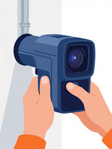 Tight macro shot of hands operating a thermal imaging camera, focusing on a pipe behind a clean drywall surface, crisp technical studio lighting, bold technical blue and safety orange elements, clean vector illustration style.