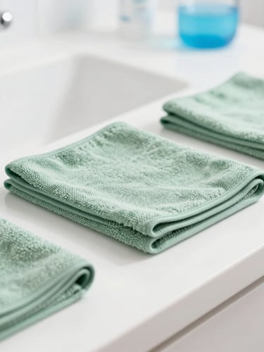 Close-up of professional cleaning tools, neatly folded sage green microfiber cloths on a pristine white counter, bright daylight, clinical clean focus.