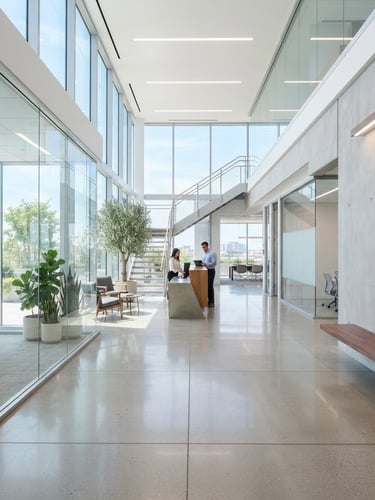 Straight-on architectural photograph of a bright, sunlit modern office lobby, pristine glass partitions, clean polished concrete floors, high-key natural daylight