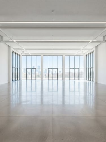 Straight-on architectural shot of a bright, empty modern event hall with polished concrete floors reflecting high-key natural daylight, minimalist white walls.