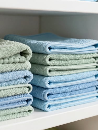 Macro close-up of neatly folded, clean sage green and soft blue microfiber cloths stacked on a pristine white shelf, bright natural daylight, sharp focus