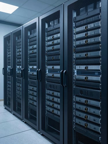 Clean, organized server racks in a modern data center, cool blue lighting, sharp focus, professional enterprise environment.