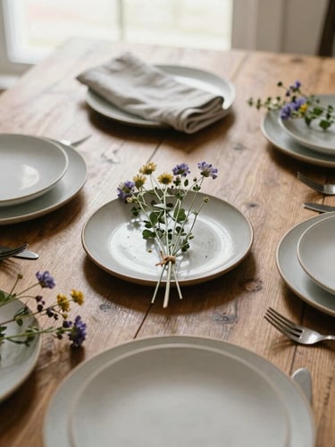 Overhead flat lay of a beautifully styled wooden table with ceramic plates, linen napkins, and wild flowers, soft natural window light