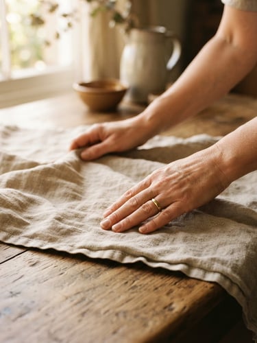 Intimate close-up of hands gently smoothing a crumpled linen tablecloth on a wooden table, warm morning sunlight, earthy tones