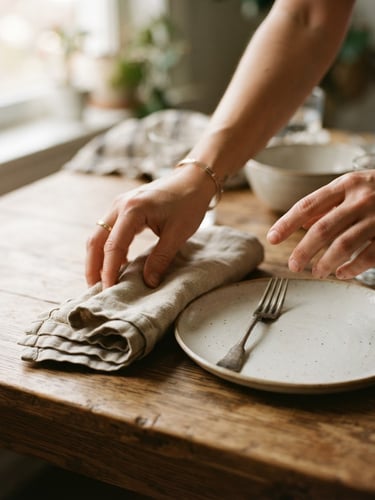 Intimate close-up of hands arranging linen napkins on a warm wooden dining table, soft morning window light, earthy tones, 35mm photography