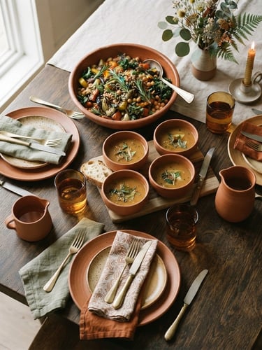 Overhead flat lay of a beautifully styled dining table, soft natural window light, linen napkins, textured ceramic plates, earthy terracotta tones, 35mm photography
