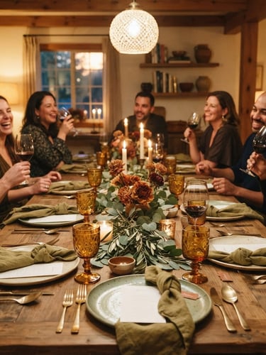 Wide shot of an inviting dining table set for a dinner party, warm evening ambient light, beautifully styled tablescape with ceramic plates and linen napkins, rich earthy tones, 35mm warm editorial photography.