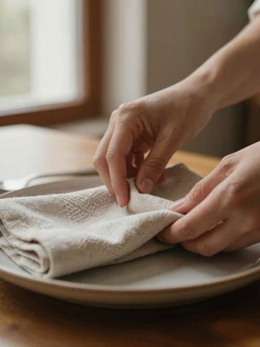 Close-up of hands gently arranging a linen napkin on a textured ceramic plate, soft diffused natural window light, warm dining room background, shallow depth of field, 35mm editorial style.
