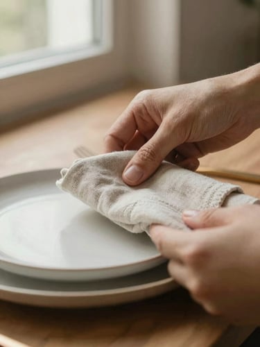Intimate close-up of hands arranging a linen napkin next to a ceramic plate, soft morning window light, shallow depth of field