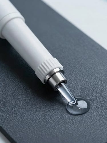 High-detail macro shot of a clinical extraction nozzle pulling pressurized water from a textured black vinyl athletic mat, sterile ultraviolet lighting, sharp commercial photography.