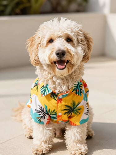 Bright natural photography of a happy fluffy dog wearing a colorful tropical shirt looking at the camera, warm daylight, 50mm