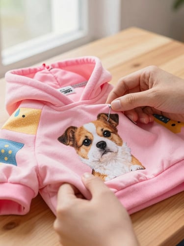 Close-up of hands sewing a colorful pink pet hoodie on a wooden table, soft natural window light, detailed fabric texture