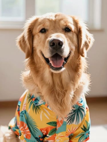 A comfortable, happy golden retriever wearing a colorful custom-made tropical shirt, sitting in a bright sunlit room, close-up shot, warm natural daylight