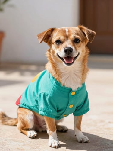 A happy small Mexican dog wearing a colorful handmade teal shirt sitting on a sunny patio, warm daylight, 50mm portrait