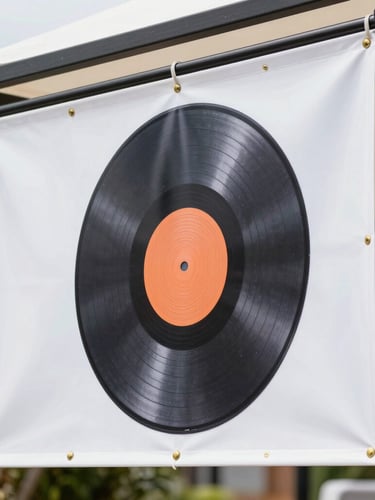 Close-up of a high-resolution vinyl banner with brass grommets tautly tensioned on a black steel gazebo frame, sharp focus on print texture, bright outdoor daylight