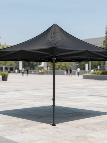 Crisp commercial photography of a clean, taut black 3x3 gazebo tent set up on a bright outdoor plaza, professional event setup, sharp focus, bright daylight.