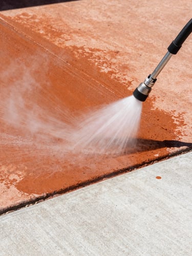 A crisp 35mm action shot of a professional thermal rinse nozzle cleaning a red-clay stained concrete driveway, showing a razor-sharp boundary between dark orange dirt and pristine clean concrete.