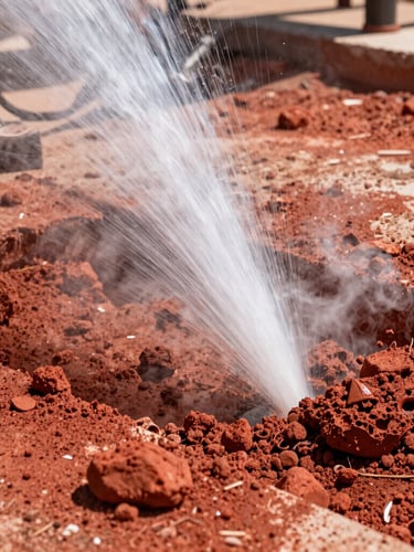 Close-up action shot of a high-pressure hot water stream blasting away thick red dirt from concrete, steam rising, bright desert sunlight, 35mm