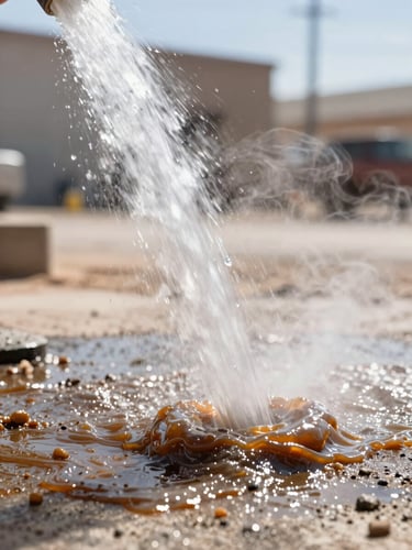 Extreme close-up of a high-pressure hot water stream slicing through thick grease on concrete, steam rising, bright desert sunlight, sharp action photography, 35mm