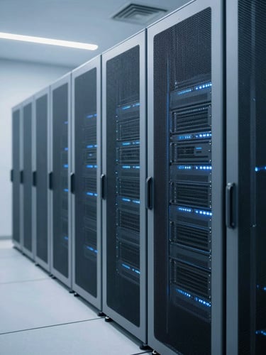 Clean minimalist server room environment with cool blue ambient light, sleek server racks, sharp architectural lines, 35mm photography