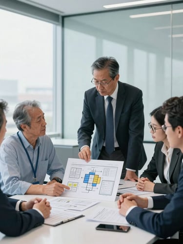 Professional corporate collaborative meeting in a bright boardroom with clean glass walls, focused senior IT experts reviewing system architecture diagrams, cool daylight, 35mm