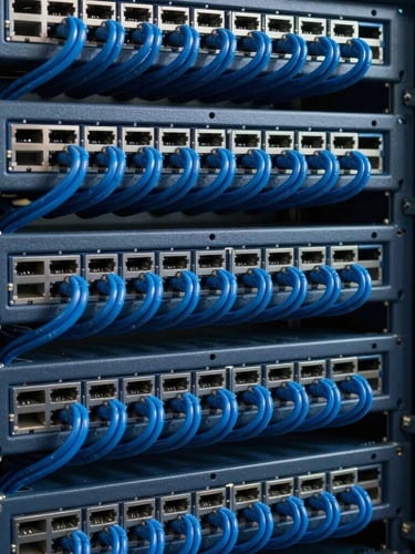 Gros plan architectural de câbles réseau bleus parfaitement alignés dans un rack de serveur d'entreprise, mise au point nette, esthétique technologique épurée.