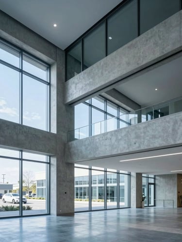 Wide-angle architectural view of a modern Canadian corporate office interior with clean concrete lines, cool blue daylight streaming through large windows