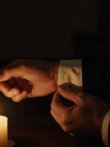 Low-key chiaroscuro close-up of a hand adjusting a tailored cuff in dramatic shadows, warm golden-hour candlelight highlight, cinematic 35mm film.