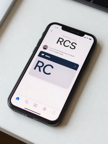 Tight overhead shot of a mobile phone screen displaying an RCS message with a branded card and delivery timestamp, placed on a clean white desk surface under bright even daylight, UI text and icons sharp and fully legible