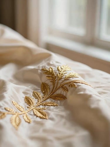Close-up of intricate gold embroidery on soft champagne silk fabric, warm natural window light, shallow depth of field, 35mm film