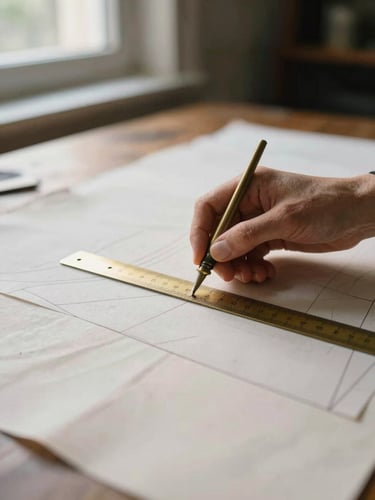 Close-up of a master tailor drafting a paper pattern with a vintage brass ruler, soft morning window light, warm ivory paper, shallow depth of field, 35mm film style
