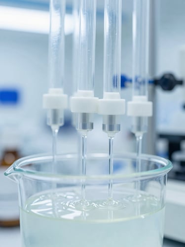 Close-up of a modern laboratory bioreactor with liquid flowing through sterile tubes, bright clinical setting, soft blue and white lighting, sharp focus