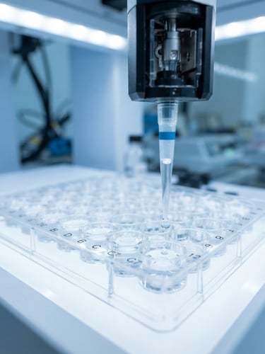 Macro photograph of a high-precision automated laboratory pipette dispensing clear liquid into a microplate, cool bright blue and white lighting, professional depth of field