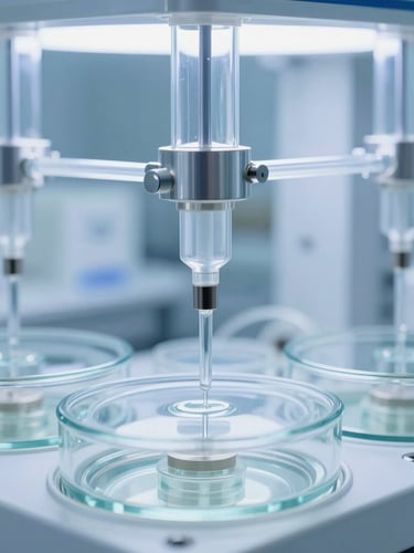 Macro photograph of a high-tech laboratory perfusion system, bright cool ambient blue and white lighting, sharp focus on glass chambers and microfluidic tubes, professional depth of field