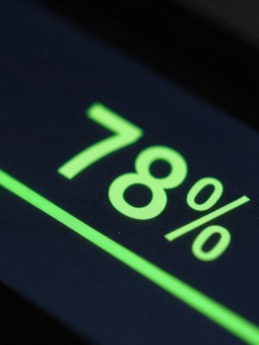 Macro close-up of a digital dashboard showing a 78% maturity index, glowing neon green indicator lines, dark slate background.